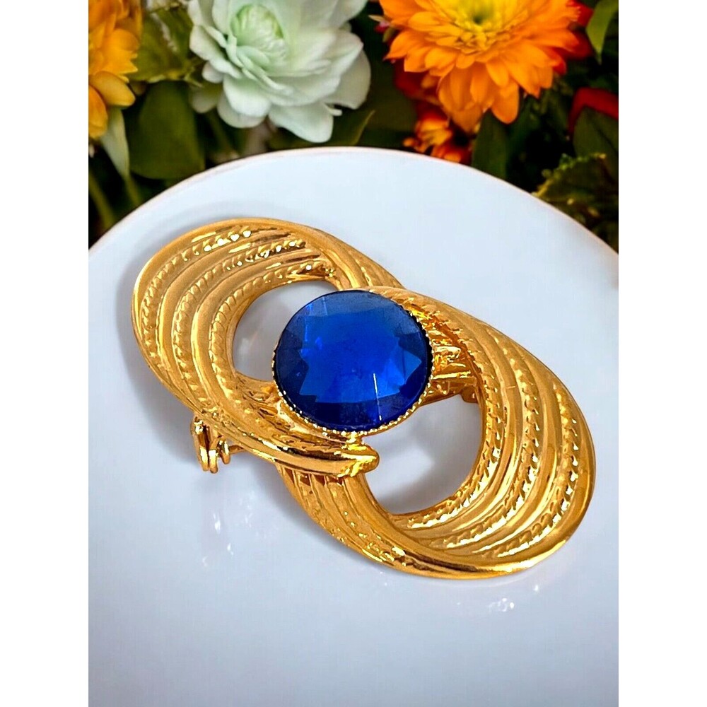 Vintage Pin Brooch Blue Jewel Tone Center Figural Vintage Estate Jewelry 13F
